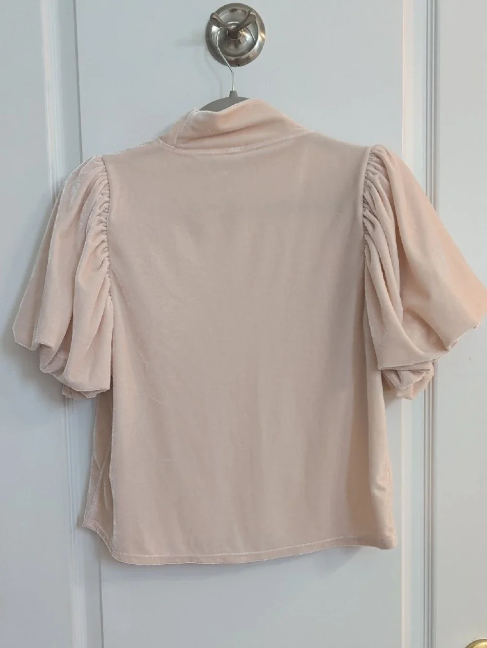 Free People Claudia Pale Blush Puff Sleeve Mock Neck Velvet Top Size S